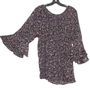Chaps Boho Peasant Tunic Top Dark Floral Black Purple Bell Sleeve Flowy Size XXL